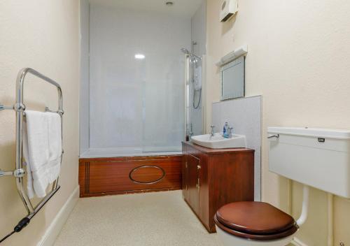 a bathroom with a shower and a toilet and a sink at Tracy - Upcott House in Barnstaple