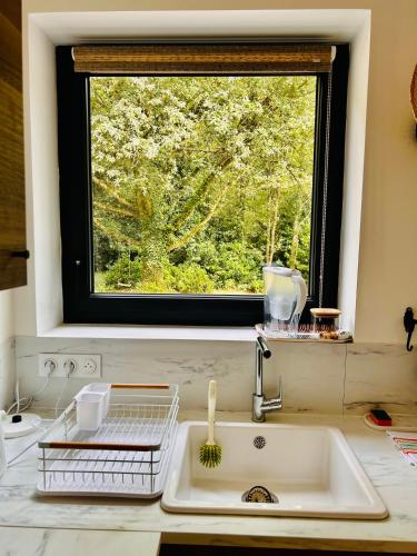 une cuisine avec un évier et une fenêtre dans l'établissement Lodge avec spa au coeur de Brocéliande, à Beignon
