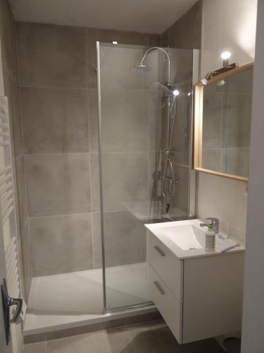 une douche avec une porte vitrée à côté d'un lavabo dans l'établissement Studio vacances pour 2, 300m de la plage, vue sur la mer, à La Guérinière