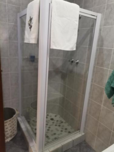 een douche met een glazen deur in de badkamer bij Delightful Home in Pretoria