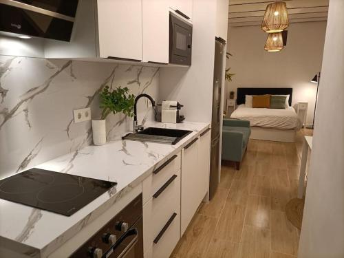 a kitchen with a sink and a bed in a room at Piso NUEVO en centro de Madrid in Madrid