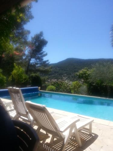 un groupe de chaises assises à côté d'une piscine dans l'établissement VAR SOLLIES PONT, à Solliès-Pont