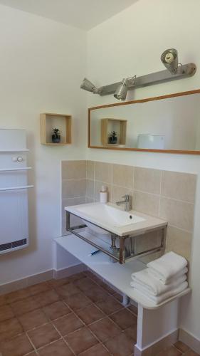 W łazience znajduje się umywalka i lustro. w obiekcie Gîte L'Attrape-Rêve w mieście Saint-Paul-Trois-Châteaux