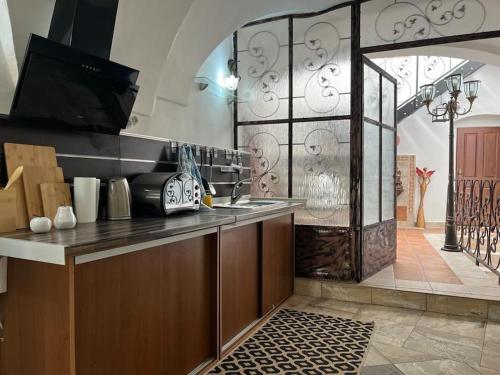 cocina con fregadero y encimera en una habitación en City Center Apartment, en Banská Bystrica