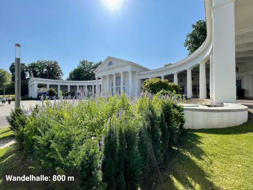 a white building with a garden in front of it at TOP-Lage, 400 m bis GOP, Bali-Therme und Kurpark - HDZ - Parkplatz in Bad Oeynhausen