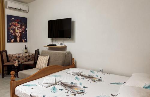a living room with a bed and a flat screen tv at Apartman Stasija in Tivat