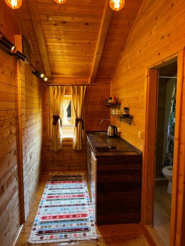 a kitchen in a wooden cabin with a rug on the floor at Orahovo Cottages in Virpazar