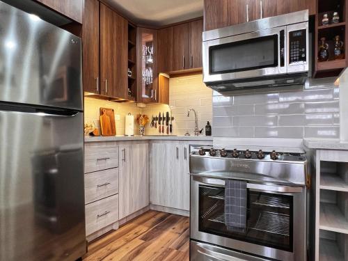 a kitchen with a stainless steel stove and microwave at The Cozy Condo in Arouca