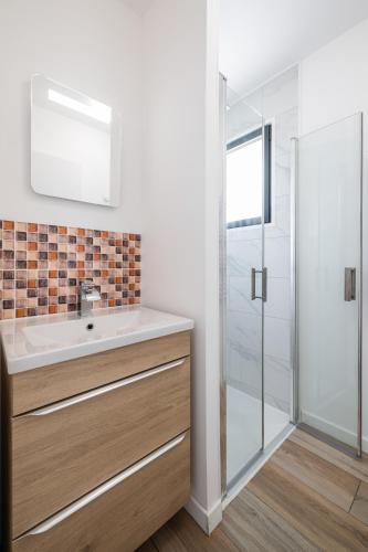 a bathroom with a sink and a shower at Charmante Maison entre Cannes et Nice in Le Bar-sur-Loup