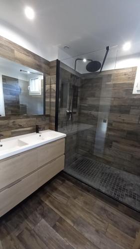 uma casa de banho com um chuveiro, um lavatório e uma banheira em Maison avec piscine entre Chartreuse et Vercors em La Buisse