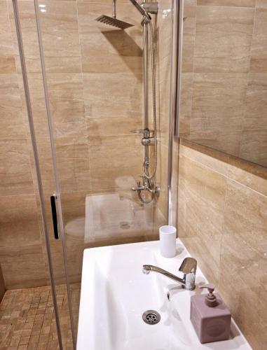 a bathroom with a sink and a shower at Art Blue Apartments in Ohrid