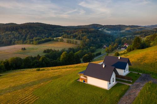 a house on a grassy hill in the middle of a field at Domki Zielone Wzgórze 606-819-046 in Polańczyk