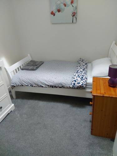 Ce lit se trouve dans un dortoir doté d'une vue sur les kirtsde lit. dans l'établissement Plaza suite 61 B, à Bangor