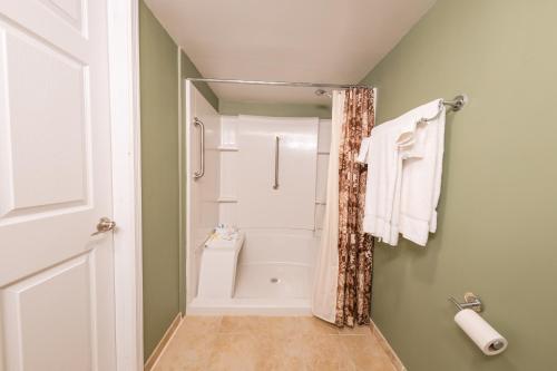 a small bathroom with a shower and a toilet at Candlestone Golf and Resort in Belding