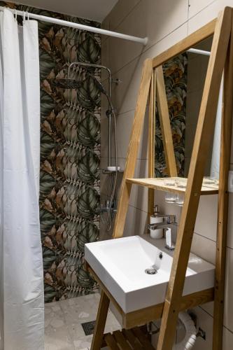 a bathroom with a sink and a mirror at Nomad Sud Studios in Town Center in Cahul
