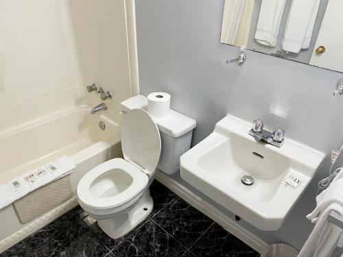 a bathroom with a white toilet and a sink at The Fort Nashwaak Motel in Fredericton