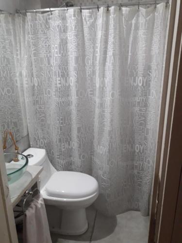 y baño con aseo y cortina de ducha. en Monoambiente Completo en Bs As en Buenos Aires