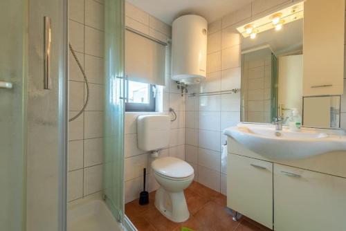 La salle de bains est pourvue de toilettes, d'un lavabo et d'un miroir. dans l'établissement Studio Apartman Amelie, à Vir
