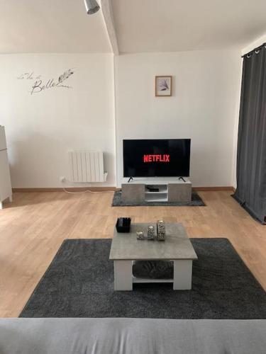 a living room with a tv and a coffee table at Duplex très charmant in Melun