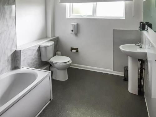 a white bathroom with a toilet and a sink at Valley Truckle Bungalow in Camelford