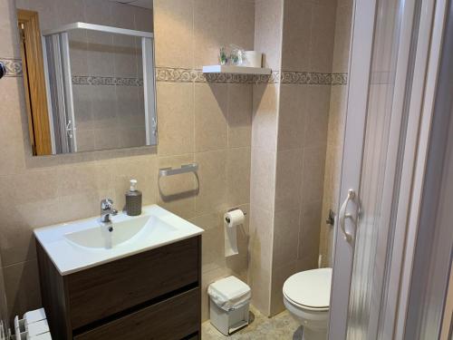 a bathroom with a sink and a toilet and a mirror at CASA JESUS in Abiego