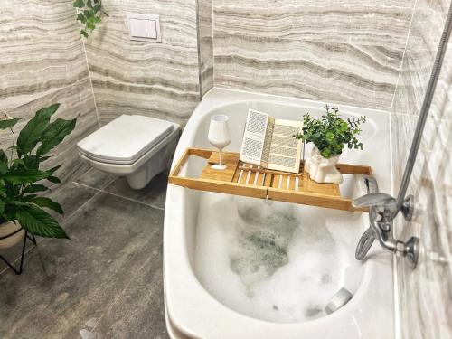 a bathroom with a bath tub with a book and a toilet at STUDIO POIENII - a cozy stay 5 min away from the center in Bistriţa