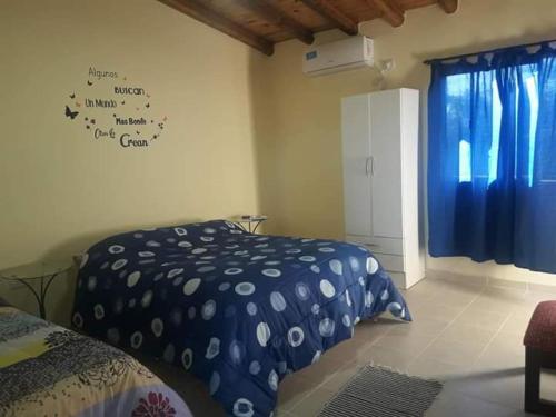 聖拉斐爾的住宿－Tierra del Sol y el Vino，一间卧室配有两张床和蓝白色的棉被