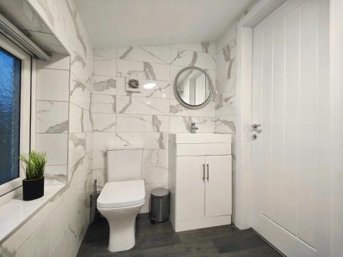 een badkamer met een wit toilet en een spiegel bij Cosy Holiday Home in Hazel Grove - Self Catering Apartment 1 in Hazel Grove