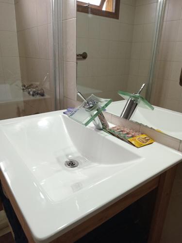 a bathroom with a white sink and a shower at Casa pura vida in General Roca