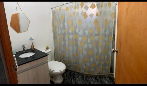 帕爾克德爾普拉塔的住宿－Casa as palmas，一间带卫生间和淋浴帘的浴室