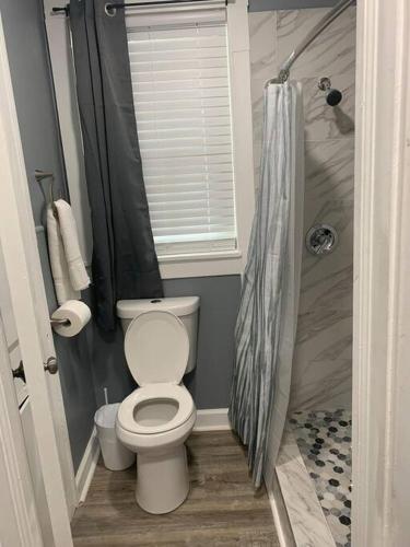a bathroom with a toilet and a shower at Serene Getaway with Fast Wi-Fi Deck Fire Pit Roku in Montgomery