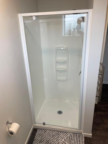 a shower with a glass door in a bathroom at Bealey Avenue Apartment, 2 Bedroom apartment, Central City in Christchurch