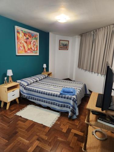 een slaapkamer met een bed en een televisie. bij Departamento amoblado nueva Córdoba in Cordoba