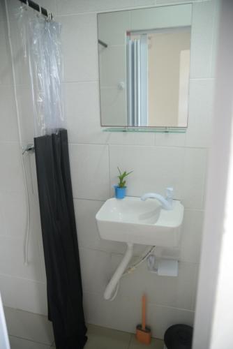 y baño con lavabo y espejo. en Apartamento a 5 min da praia, en Florianópolis