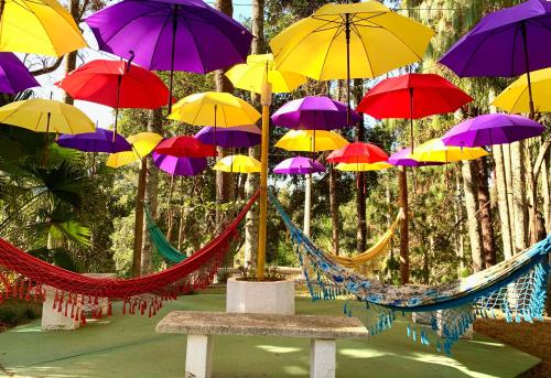 a group of hammocks with umbrellas on trees at Pousada Serra das Araucárias in São Roque