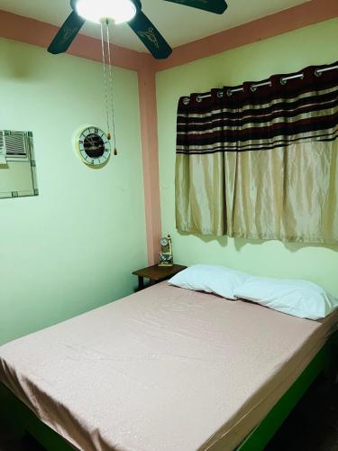 a bedroom with a bed with a ceiling fan and a window at RJ Apartment in Catbalogan