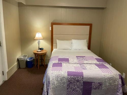 a bedroom with a bed and a table with a lamp at Northern Lights Lodge in Stowe
