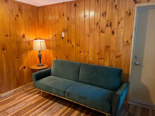 a green couch in a room with wooden walls at Northern Lights Lodge in Stowe