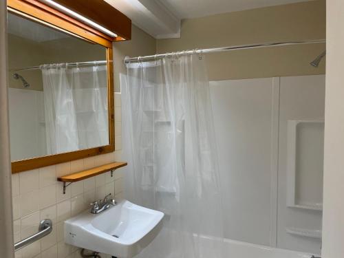 a white bathroom with a sink and a shower at Northern Lights Lodge in Stowe