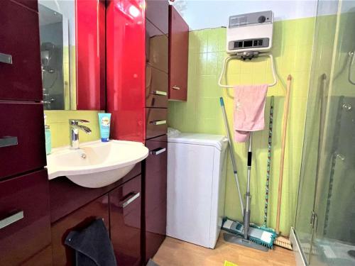 une salle de bain avec un lavabo et une machine à laver dans l'établissement Appartement 2 pièces climatisé avec balcons, proche plage et commerces, Port-la-Nouvelle - FR-1-229C-83, à Port-la-Nouvelle