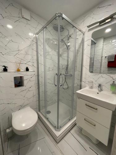 a bathroom with a shower and a toilet and a sink at Family Getaway By The Sea in Jūrmala