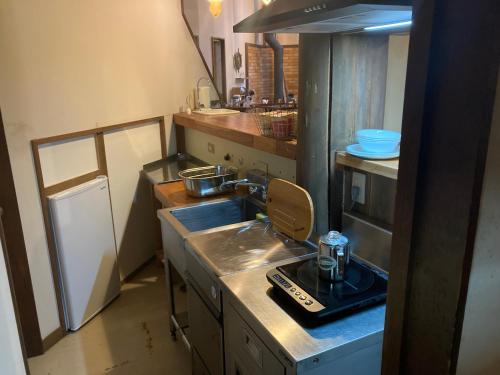 a small kitchen with a sink and a stove at Il Bosco in Hakuba
