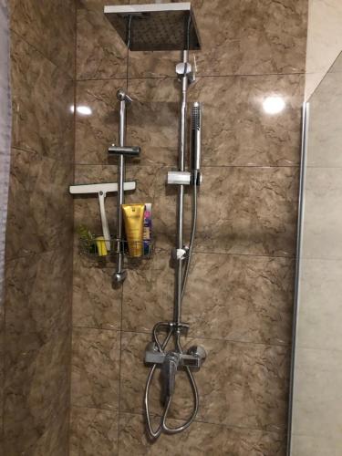 een douche met een douchekop in de badkamer bij Apartment Petrovic Medulin in Medulin