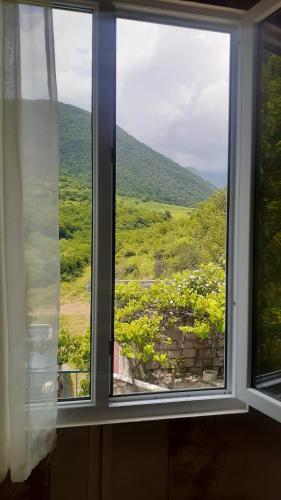 - une fenêtre avec vue sur la montagne dans l'établissement Guest house VL, à Akʼori