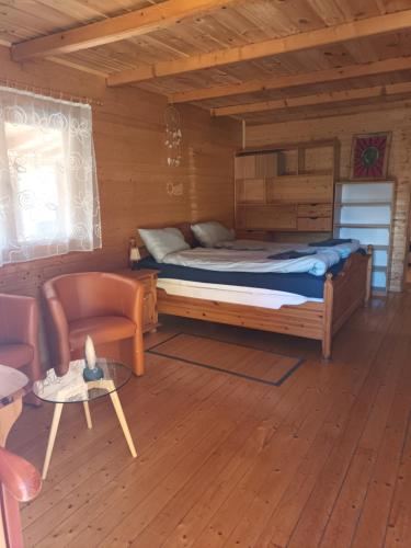 um quarto com uma cama e uma cadeira num quarto em Katapult Apartman em Tiszafüred