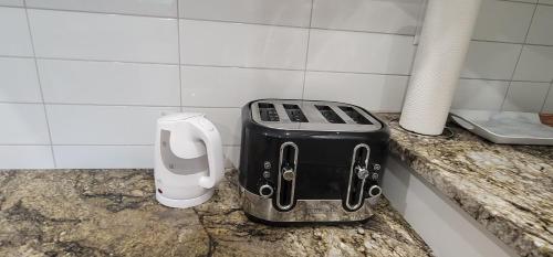 a toaster sitting on a counter in a bathroom at Niagara Falls Villa with Private pool, hottub, water view and Breakfast in Niagara Falls