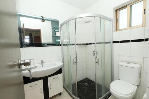a bathroom with a shower and a toilet and a sink at Tropical Plaza Apt in Nadi