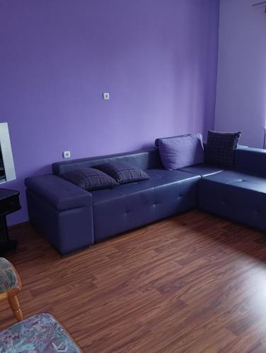 a blue couch sitting in a living room at Prenoćište Dajević Hotel Tara Pljevlja in Pljevlja