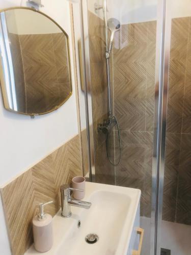 une salle de bain avec un lavabo et une douche avec un miroir dans l'établissement Maisonnette climatisée refaite à neuf avec parking à 300m de la plage, au Grau-dʼAgde