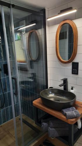 a bathroom with a sink and a glass shower at Domek Wakacyjna in Augustów